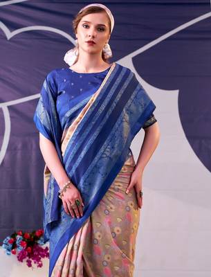 Navy blue beautiful tussar silk floral print with foil work saree 2