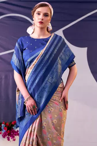 Navy blue beautiful tussar silk floral print with foil work saree