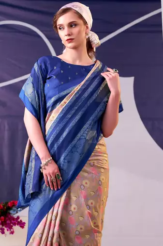 Navy blue beautiful tussar silk floral print with foil work saree