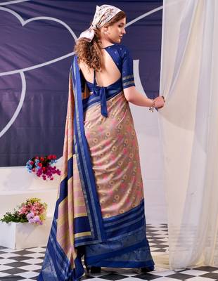 Navy blue beautiful tussar silk floral print with foil work saree 4