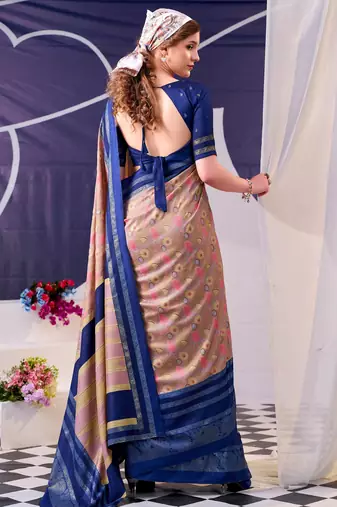 Navy blue beautiful tussar silk floral print with foil work saree