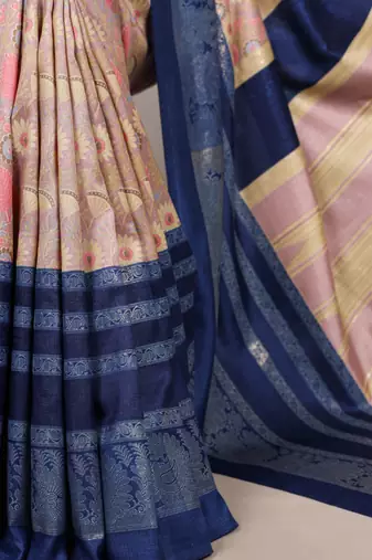 Navy blue beautiful tussar silk floral print with foil work saree