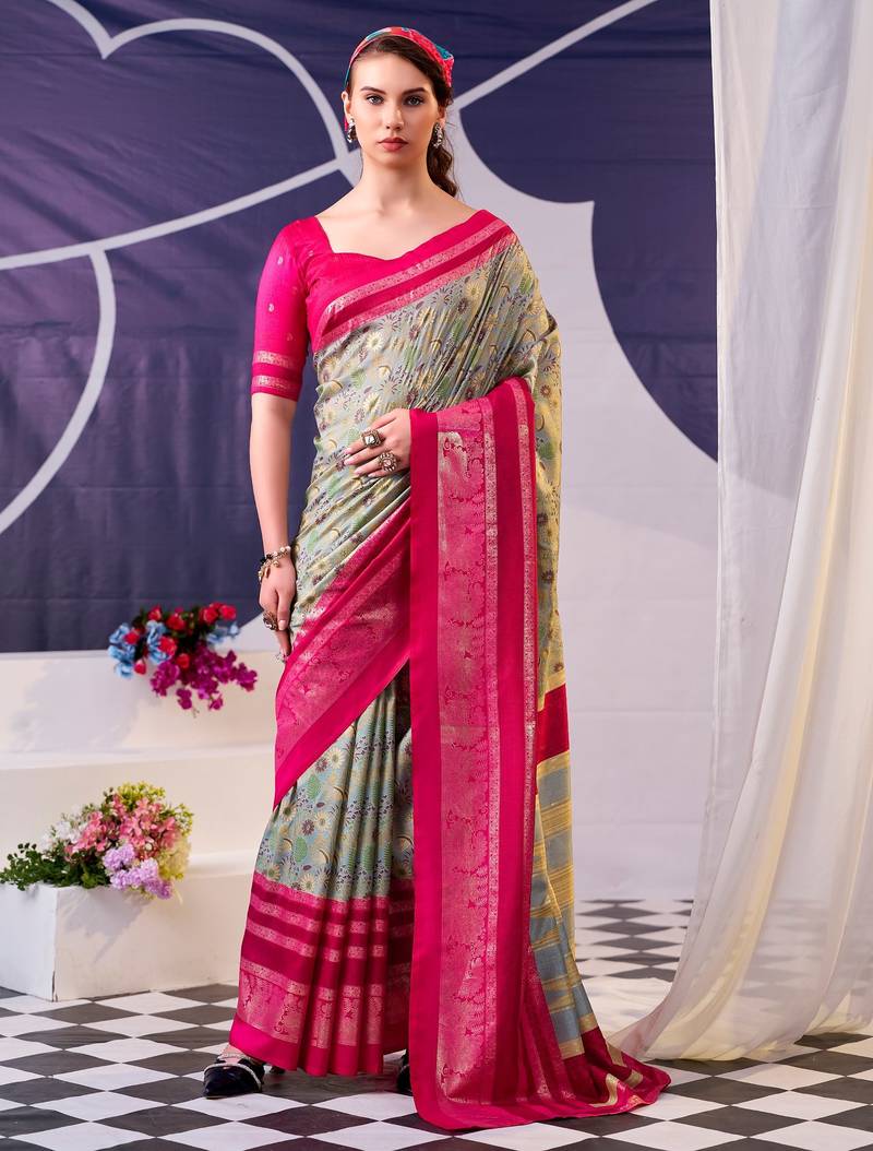 Pink beautiful tussar silk floral print with foil work saree