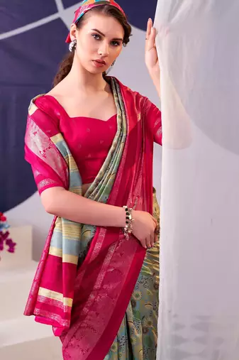 Pink beautiful tussar silk floral print with foil work saree