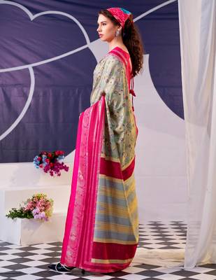 Pink beautiful tussar silk floral print with foil work saree 3