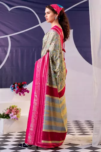Pink beautiful tussar silk floral print with foil work saree