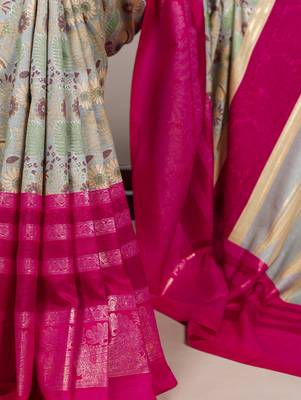 Pink beautiful tussar silk floral print with foil work saree 4