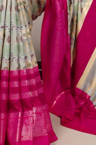 Pink beautiful tussar silk floral print with foil work saree