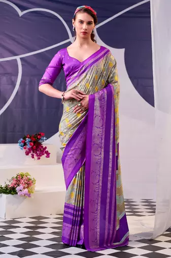 Purple beautiful tussar silk floral print with foil work saree