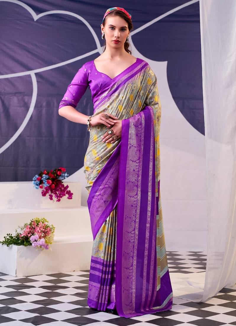 Purple beautiful tussar silk floral print with foil work saree