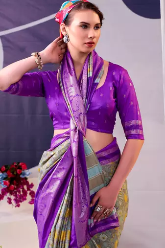 Purple beautiful tussar silk floral print with foil work saree