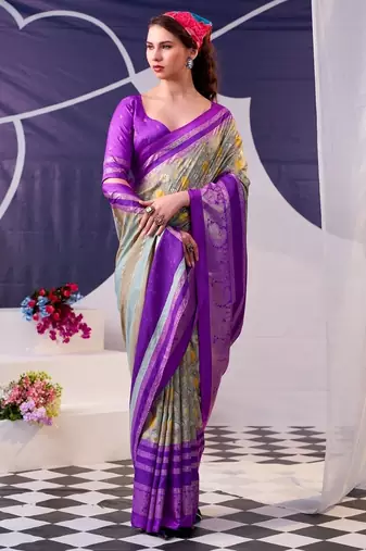 Purple beautiful tussar silk floral print with foil work saree