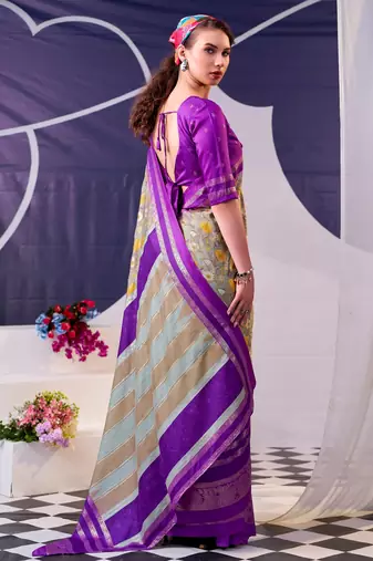Purple beautiful tussar silk floral print with foil work saree