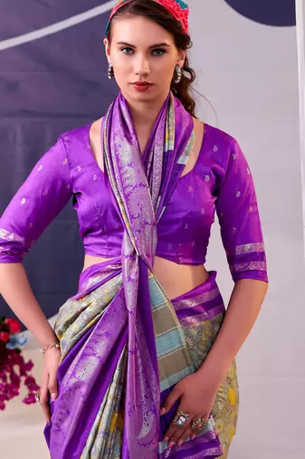 Purple beautiful tussar silk floral print with foil work saree