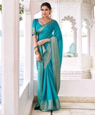 Firozi self printed chinnon silk zari weaving work saree 2