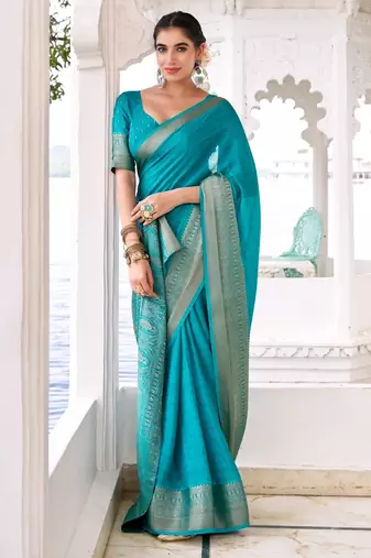 Firozi self printed chinnon silk zari weaving work saree