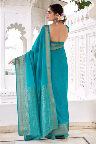 Firozi self printed chinnon silk zari weaving work saree
