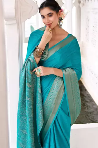 Firozi self printed chinnon silk zari weaving work saree