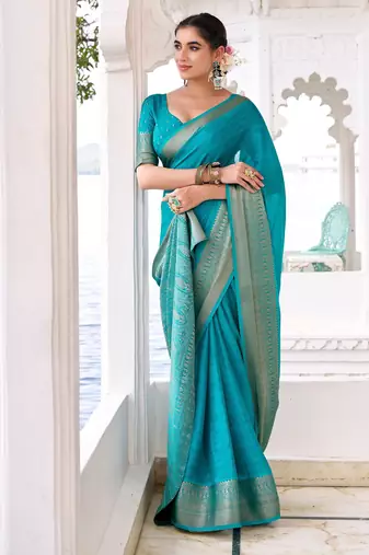 Firozi self printed chinnon silk zari weaving work saree