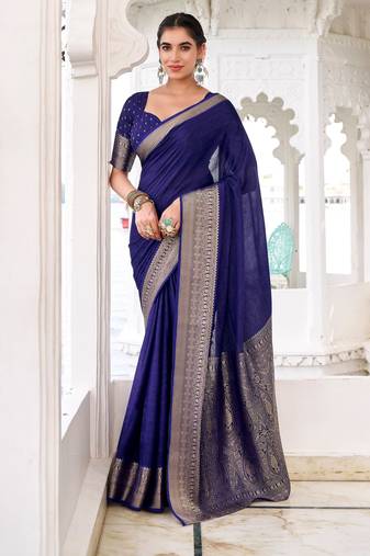 Navy blue self printed chinnon silk zari weaving work saree