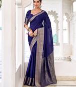 Navy blue self printed chinnon silk zari weaving work saree