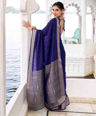 Navy blue self printed chinnon silk zari weaving work saree 3