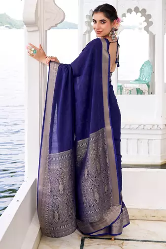 Navy blue self printed chinnon silk zari weaving work saree
