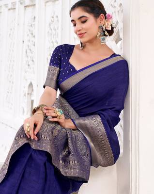 Navy blue self printed chinnon silk zari weaving work saree 4