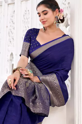 Navy blue self printed chinnon silk zari weaving work saree