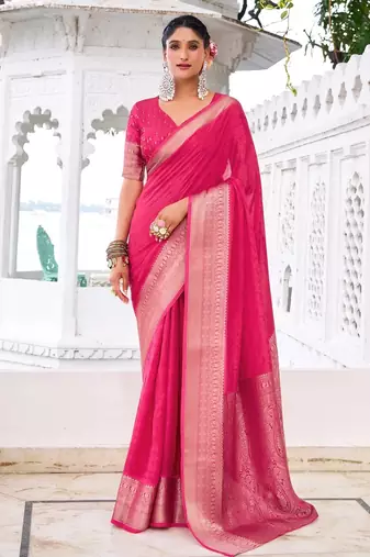 Pink self printed chinnon silk zari weaving work saree