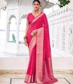 Pink self printed chinnon silk zari weaving work saree