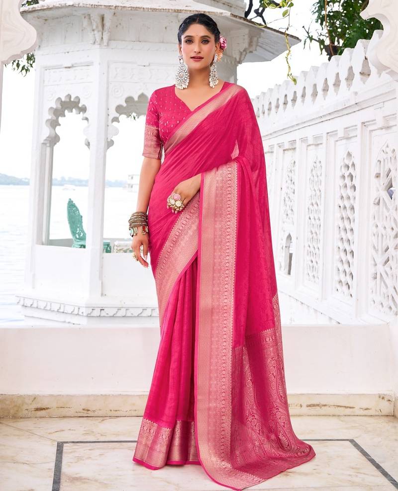Pink self printed chinnon silk zari weaving work saree