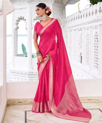 Pink self printed chinnon silk zari weaving work saree 2