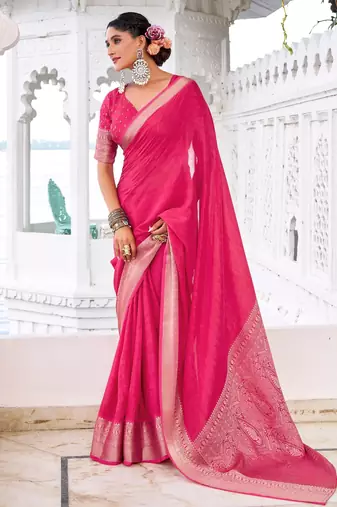 Pink self printed chinnon silk zari weaving work saree