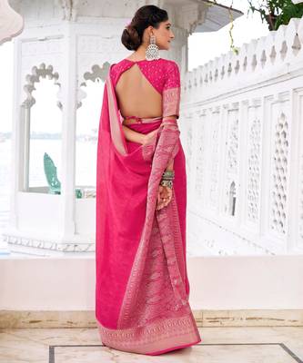 Pink self printed chinnon silk zari weaving work saree 3