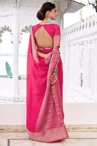 Pink self printed chinnon silk zari weaving work saree
