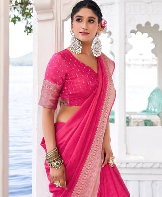 Pink self printed chinnon silk zari weaving work saree 4