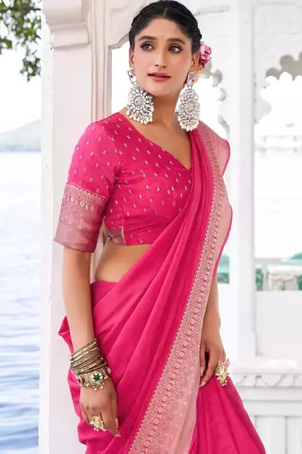 Pink self printed chinnon silk zari weaving work saree