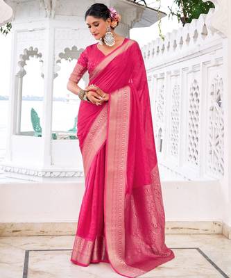 Pink self printed chinnon silk zari weaving work saree 5