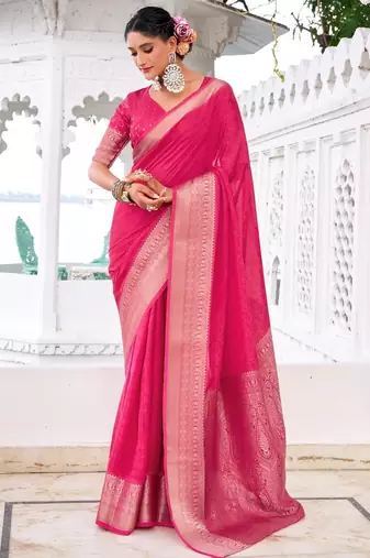 Pink self printed chinnon silk zari weaving work saree