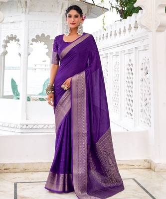 Purple self printed chinnon silk zari weaving work saree 1