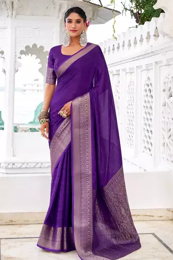Purple self printed chinnon silk zari weaving work saree