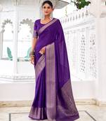 Purple self printed chinnon silk zari weaving work saree