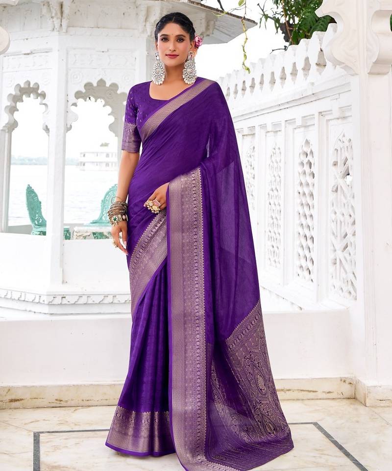Purple self printed chinnon silk zari weaving work saree