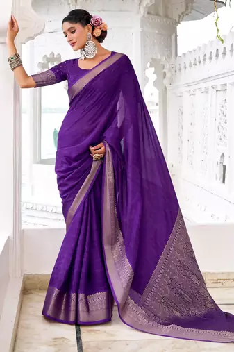 Purple self printed chinnon silk zari weaving work saree