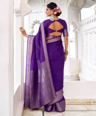 Purple self printed chinnon silk zari weaving work saree 3