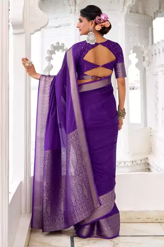 Purple self printed chinnon silk zari weaving work saree