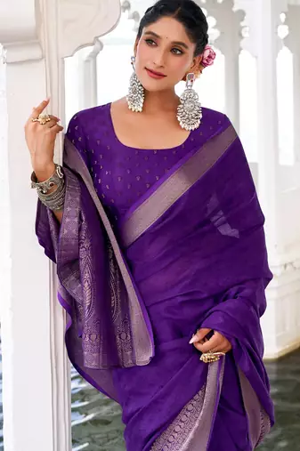 Purple self printed chinnon silk zari weaving work saree