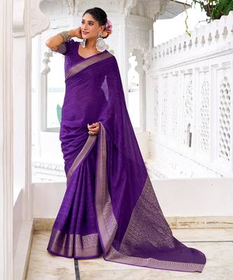 Purple self printed chinnon silk zari weaving work saree 5