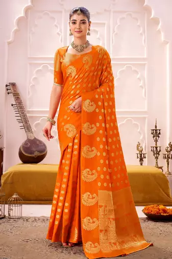 Orange treditional roop silk zari weaving saree